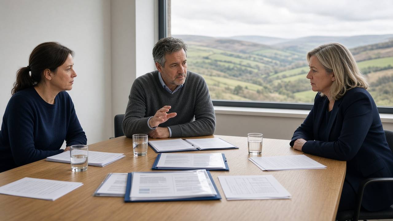 Editorial briefing around an oak table with printed packs and a Yorkshire landscape beyond the window