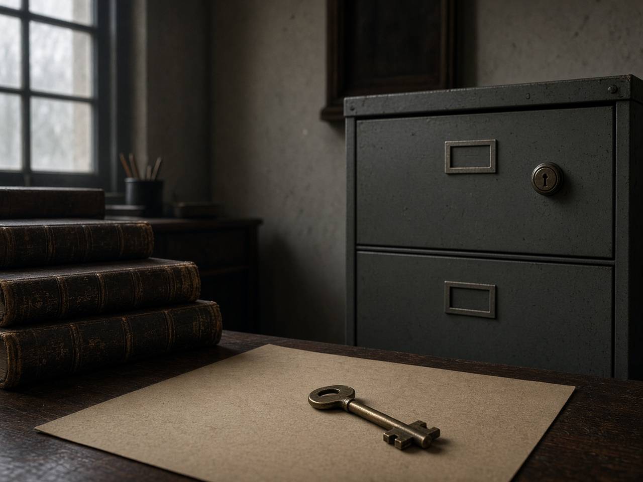 Locked steel archive cabinet and ledgers in a dim British office