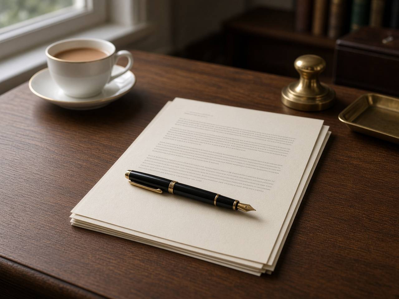 Legal documents, fountain pen and tea on a walnut desk