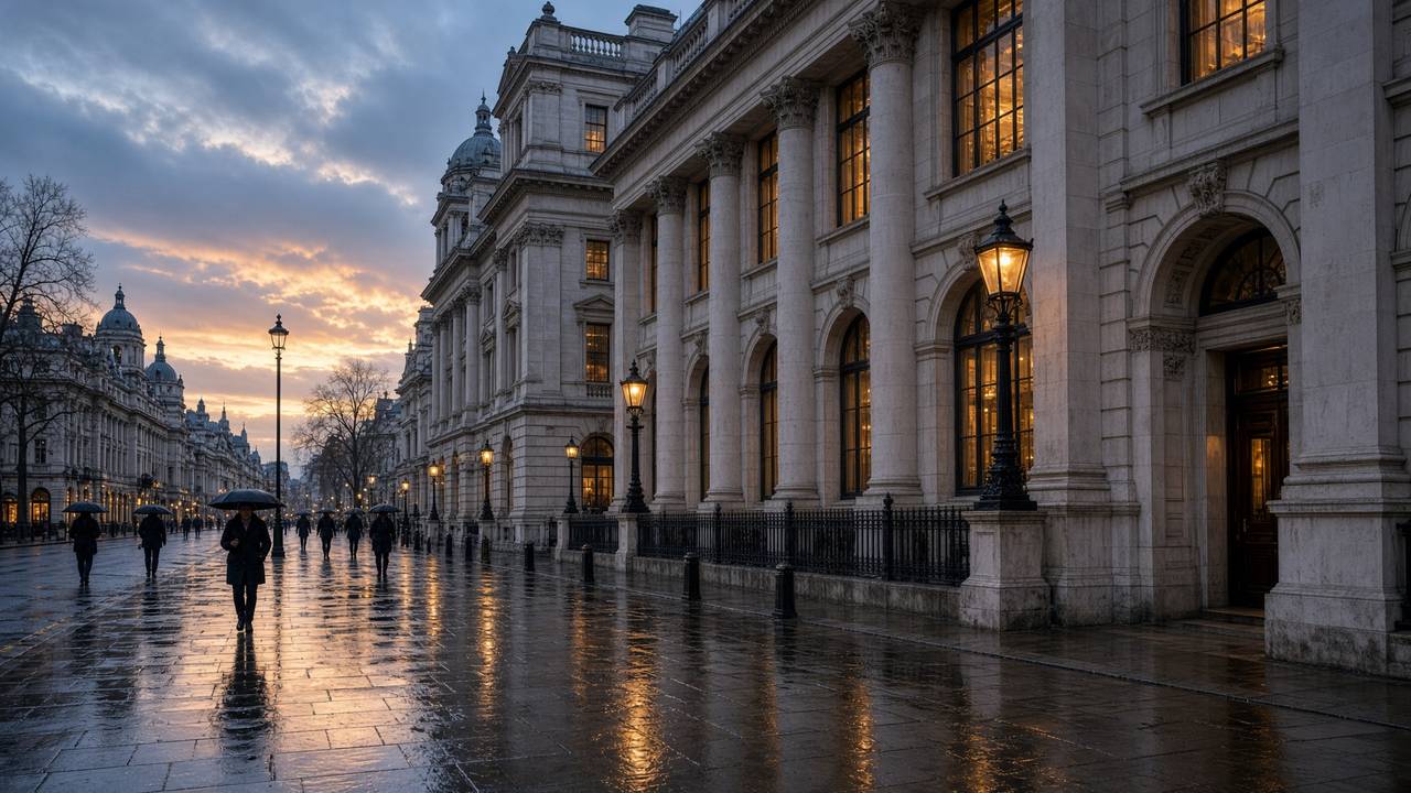 Portland stone government buildings in Westminster at dusk with wet pavements