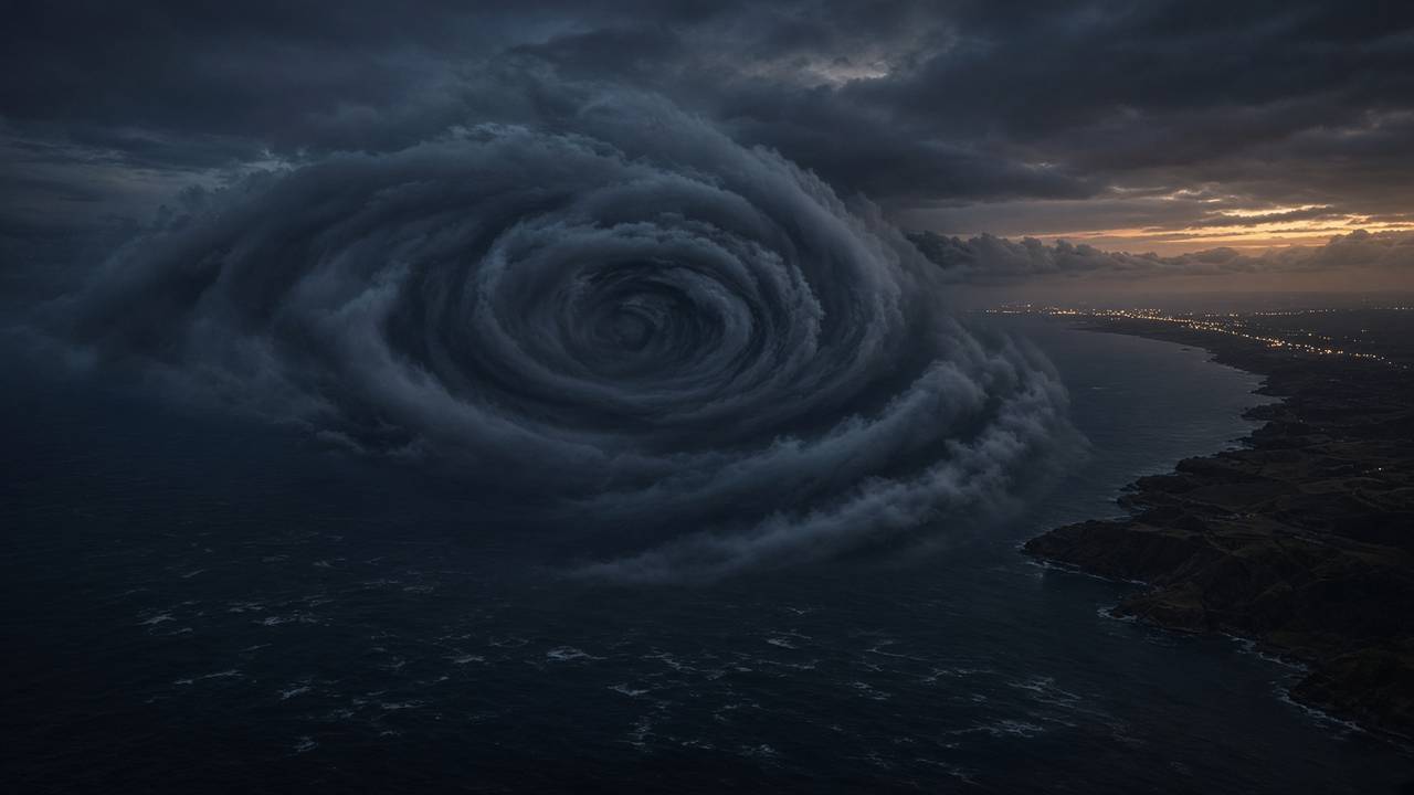 Aerial view of a North Sea storm cyclone approaching the British coastline at dusk