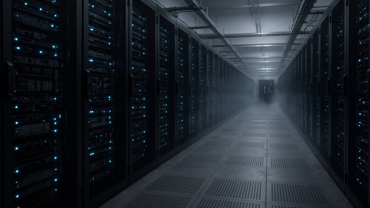 Aisle of a UK data centre with rows of server racks and cool status lights