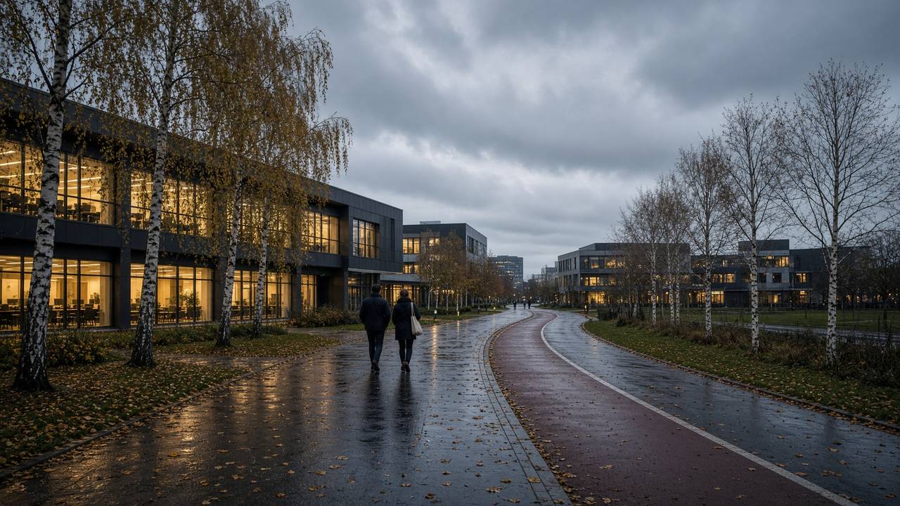 Cambridge science park at dusk with research buildings and cycle paths