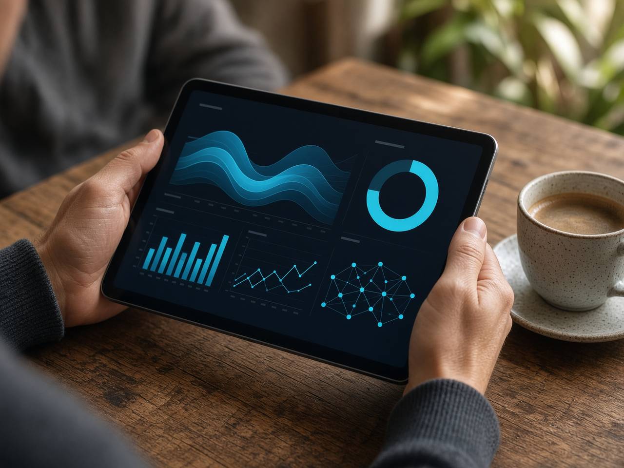 Hands holding a tablet showing a dark dashboard of charts over a wooden table