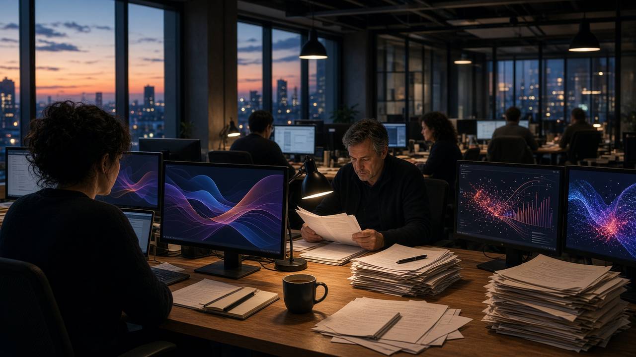 UK newsroom at dusk with journalists working at wooden desks under task lamps