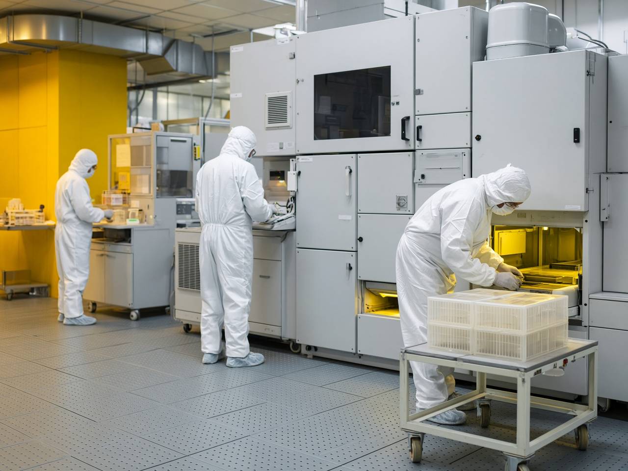 Technicians in a UK semiconductor cleanroom under yellow safe lighting