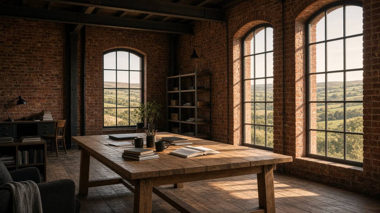 Converted Yorkshire mill interior used as Cyclonic Realm’s editorial office, arched windows and oak tables