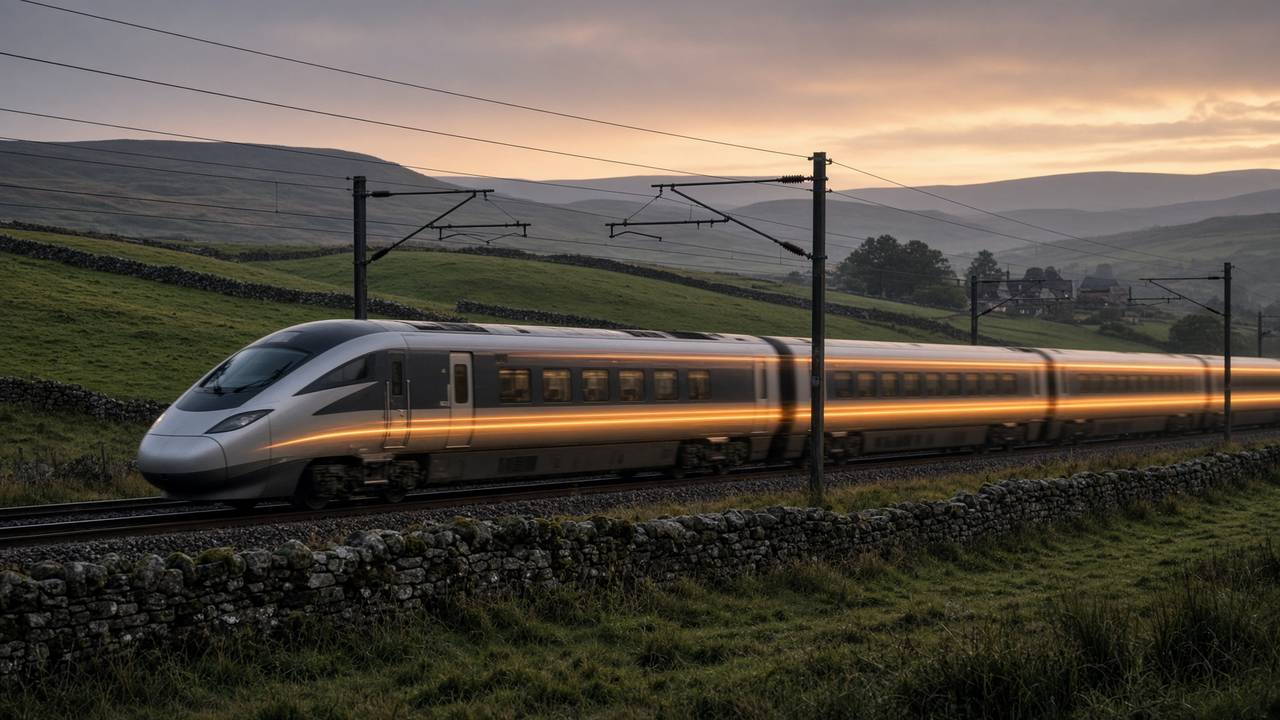 High-speed train moving through wet Yorkshire countryside at dusk