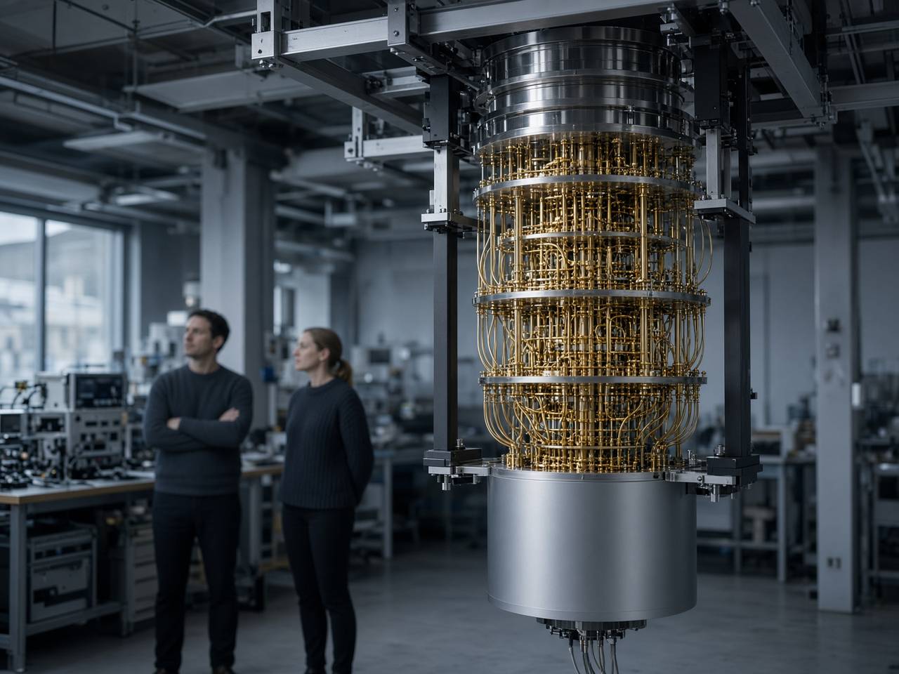 Close view of a quantum dilution refrigerator with gold cabling