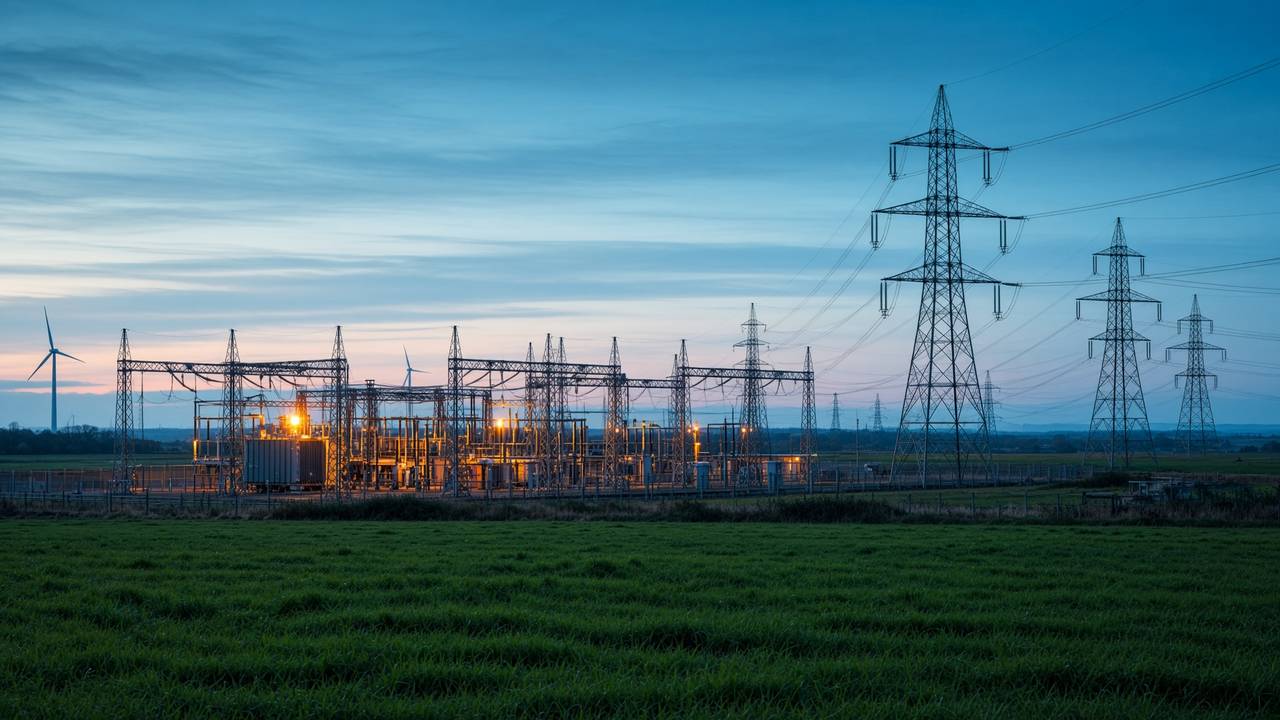 UK electrical substation and pylons at twilight with distant wind turbines