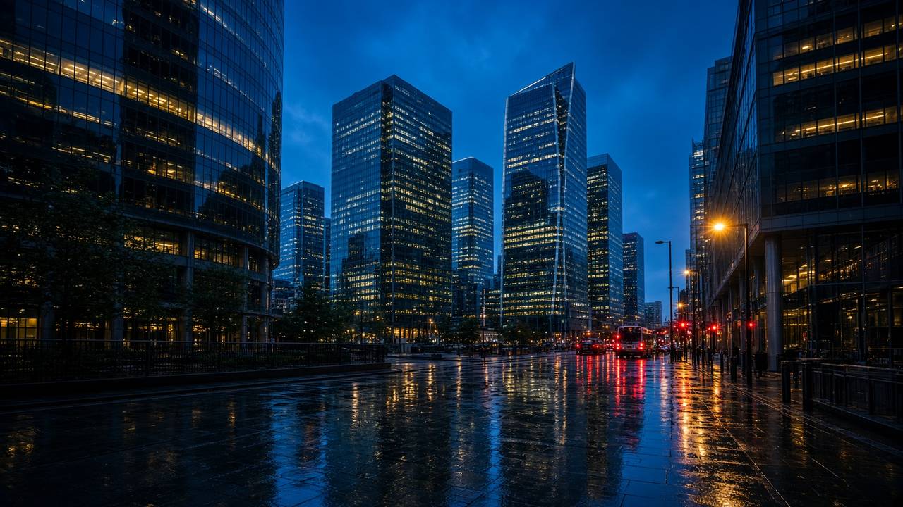 Canary Wharf at blue hour after rain, glass towers reflected in wet streets