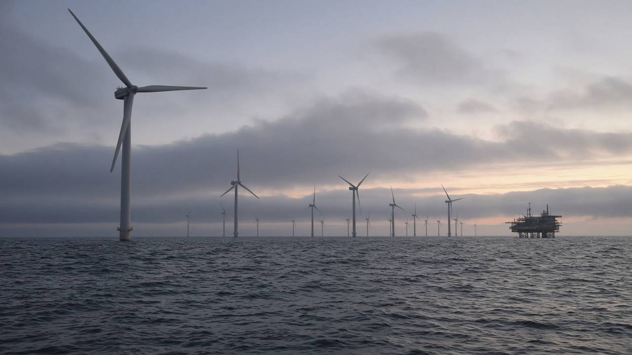 Offshore wind turbines in the North Sea at dawn