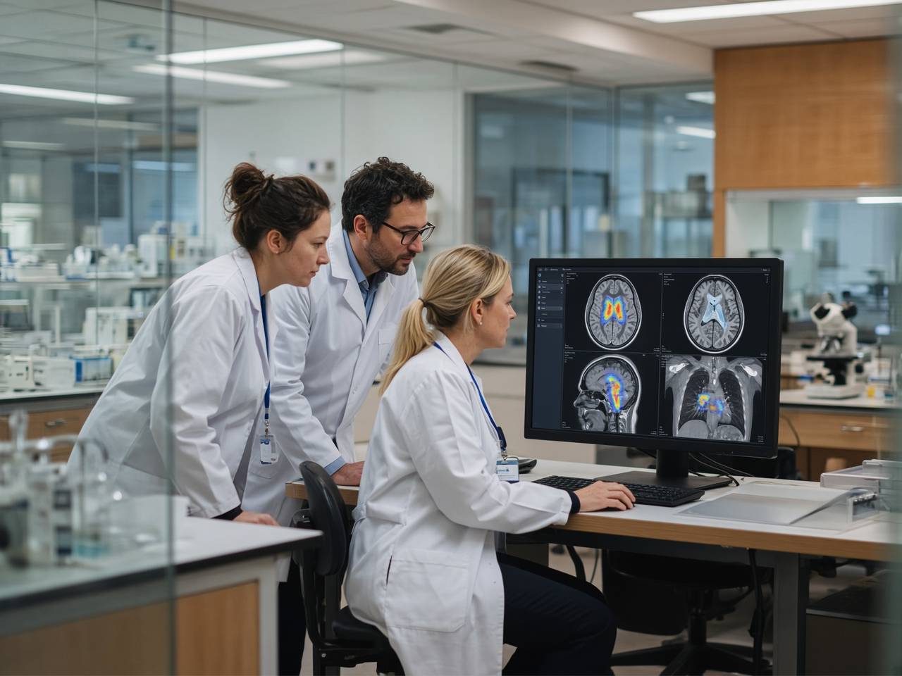 Researchers in a UK hospital laboratory reviewing medical imaging