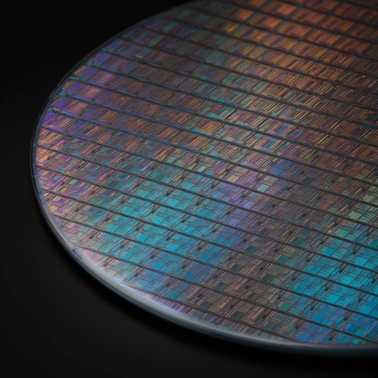 Macro photograph of a silicon wafer with iridescent circuit patterns